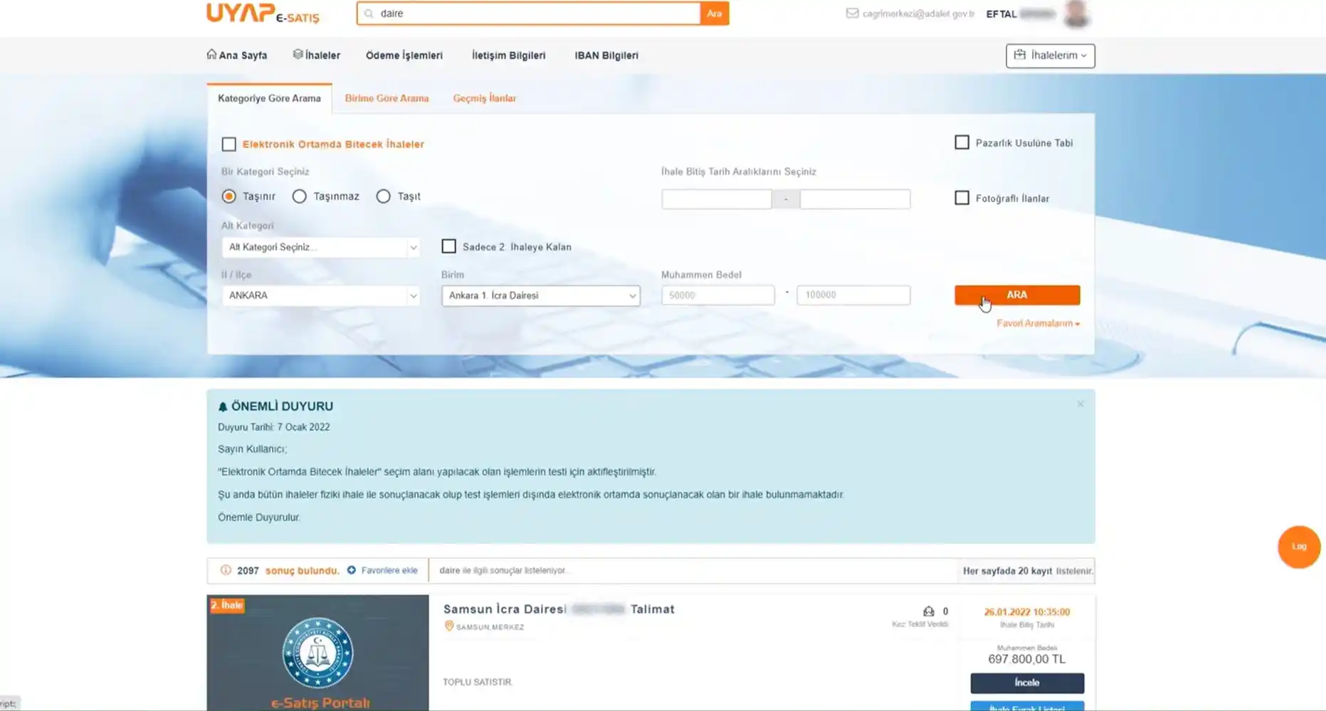 esatis.uyap.gov.tr İl Arama Ekran Görüntüsü