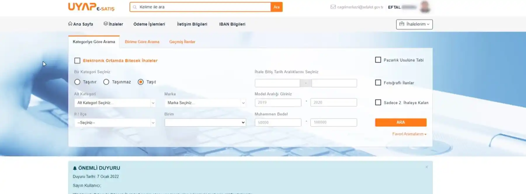 esatis.uyap.gov.tr ana sayfa ekran görüntüsü